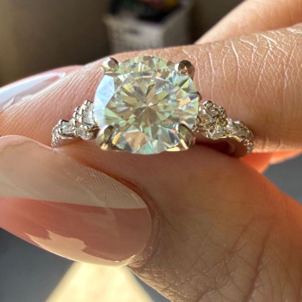 Round Moissanite Engagement Ring Size 5 | Rhodium Plated | Pavé Floral Accent